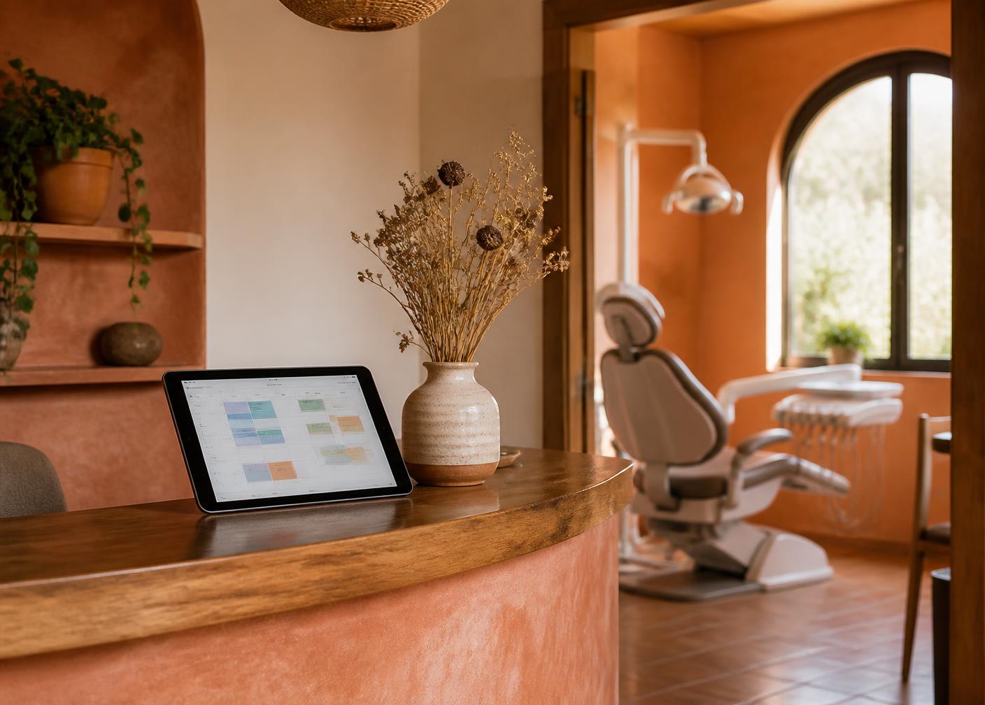 Recepción de un consultorio con la agenda de Tokii abierta en una tablet